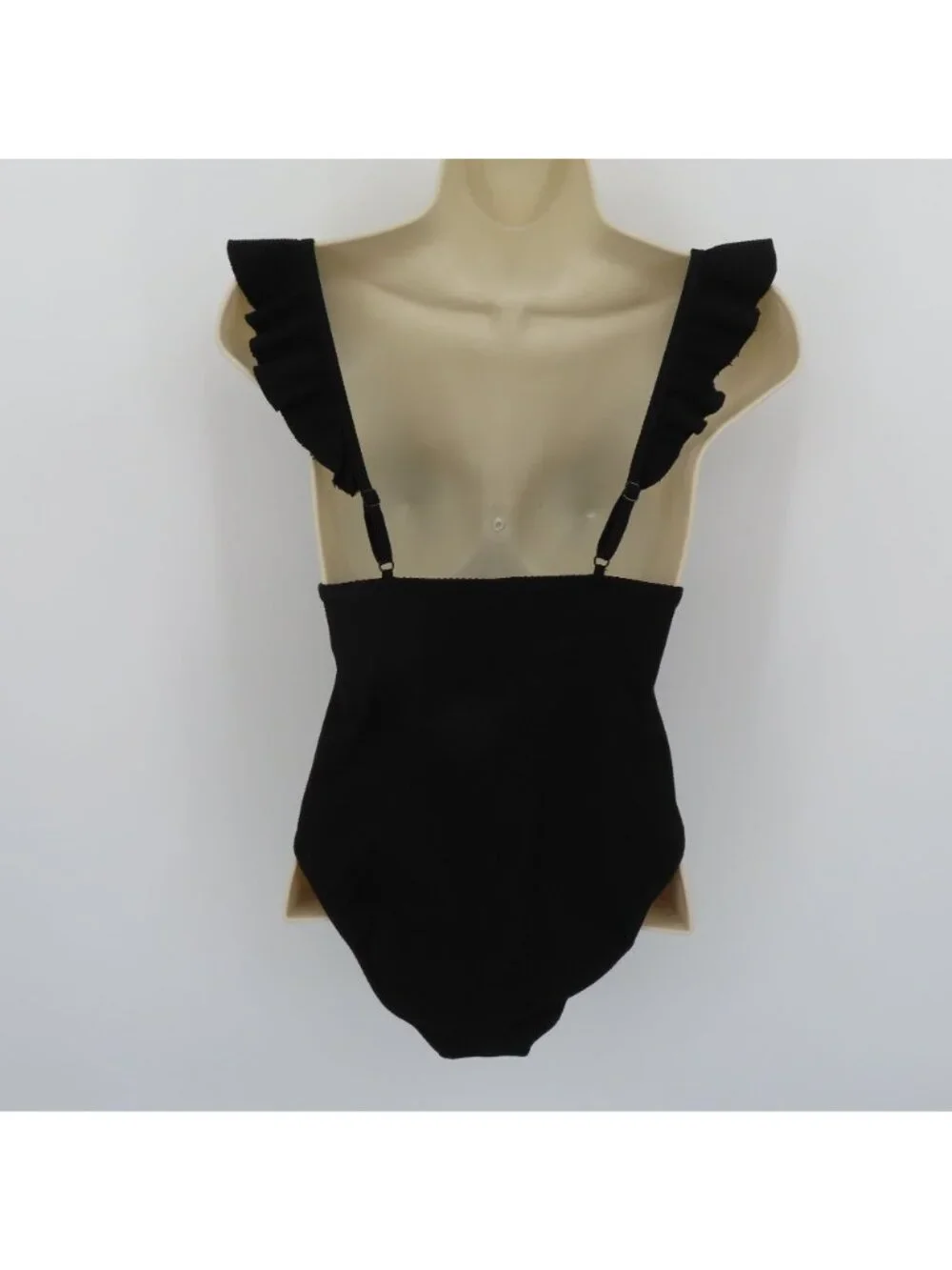 J Crew Women 2 Solid Black Puckered One Piece Swimsuit Ruffle Straps V Neck